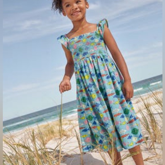 Mini Boden Aqua Sea Blue Fish Shirred Smocked Jersey Midi Dress - Picture 1 of 14